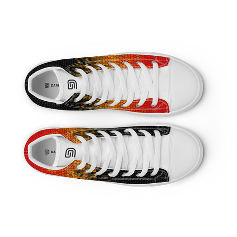 Men's Custom High Top canvas shoes | White Soles | Black to Orange Pixel pattern