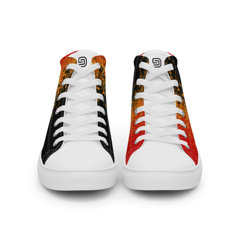 Men's Custom High Top canvas shoes | White Soles | Black to Orange Pixel pattern