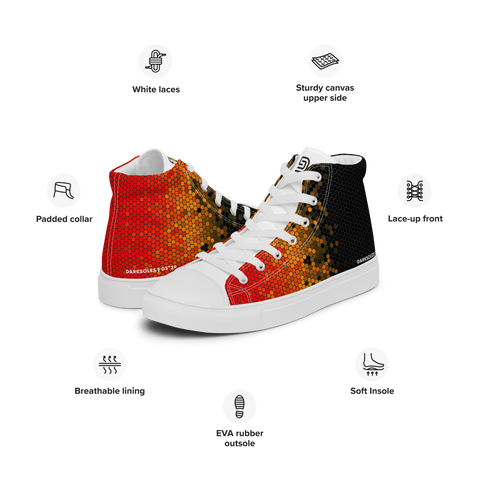 Men's Custom High Top canvas shoes | White Soles | Black to Orange Pixel pattern