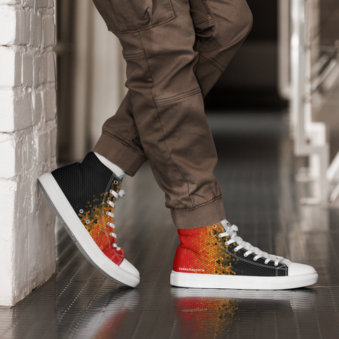 Men's Custom High Top canvas shoes | White Soles | Black to Orange Pixel pattern