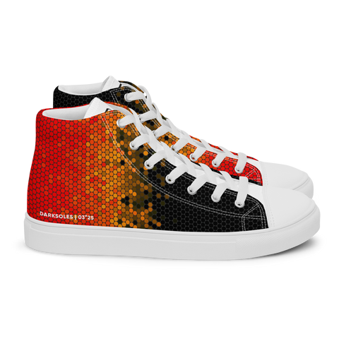 Men's Custom High Top canvas shoes | White Soles | Black to Orange Pixel pattern