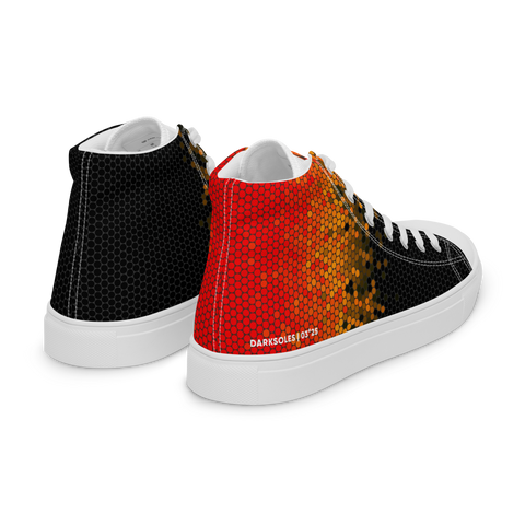 Men's Custom High Top canvas shoes | White Soles | Black to Orange Pixel pattern