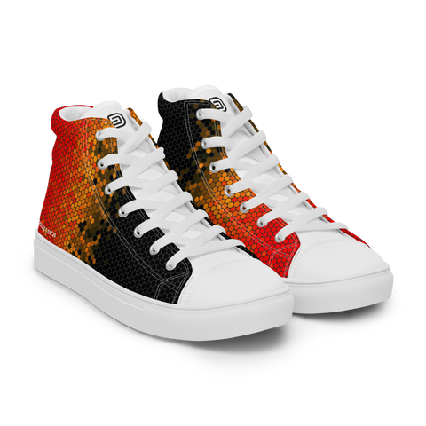 Men's Custom High Top canvas shoes | White Soles | Black to Orange Pixel pattern